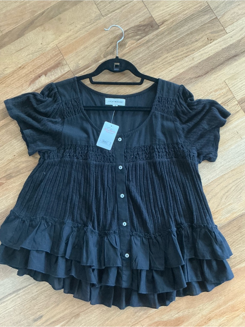 Lucky Brand Black Button-Front Ruffle Peasant Blouse NWT